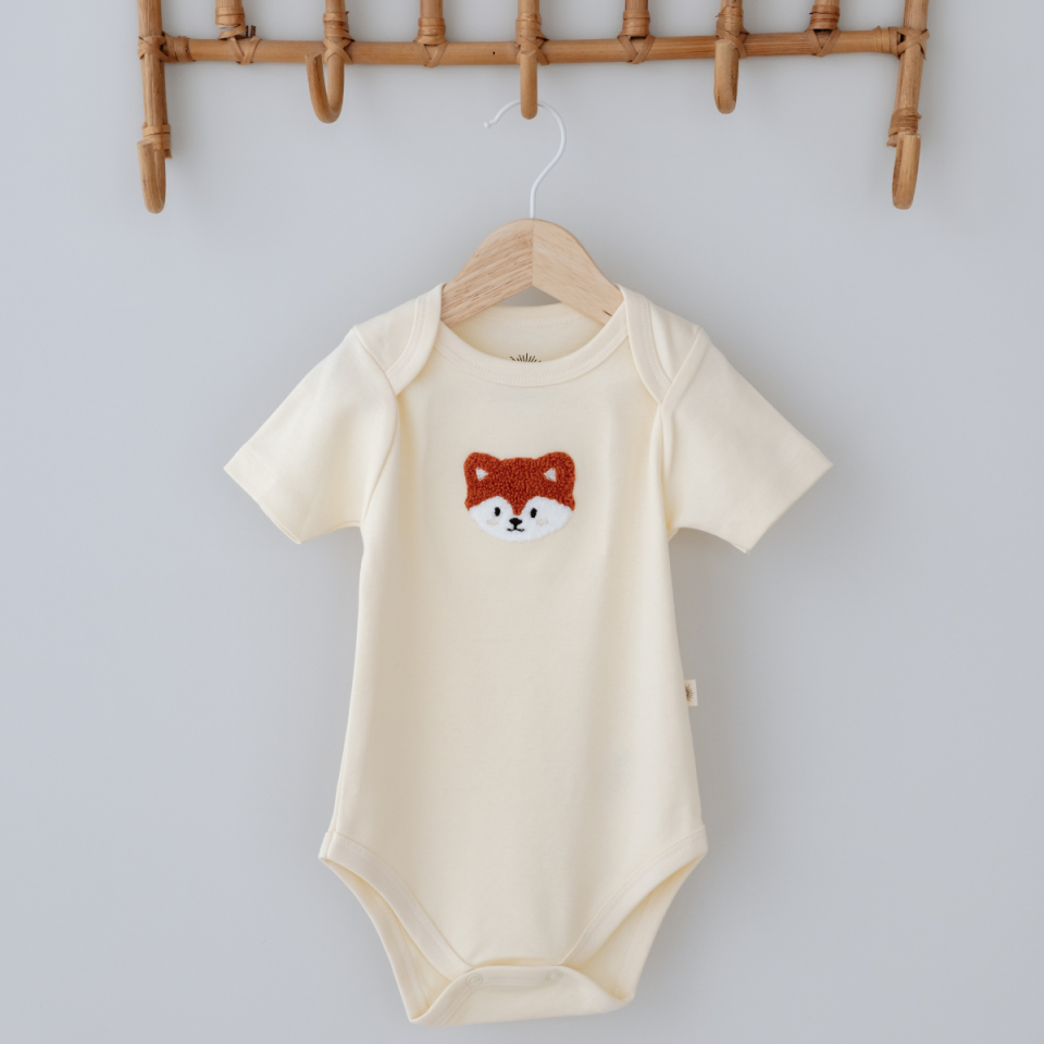 %100 Pamuklu Sevimli Tilki Nakışlı Kısa Kollu Tek Üst