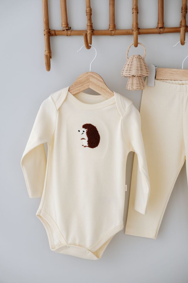 %100 Pamuklu Sevimli Kirpi Nakışlı Uzun Kollu Alt Üst Bebek Takımı