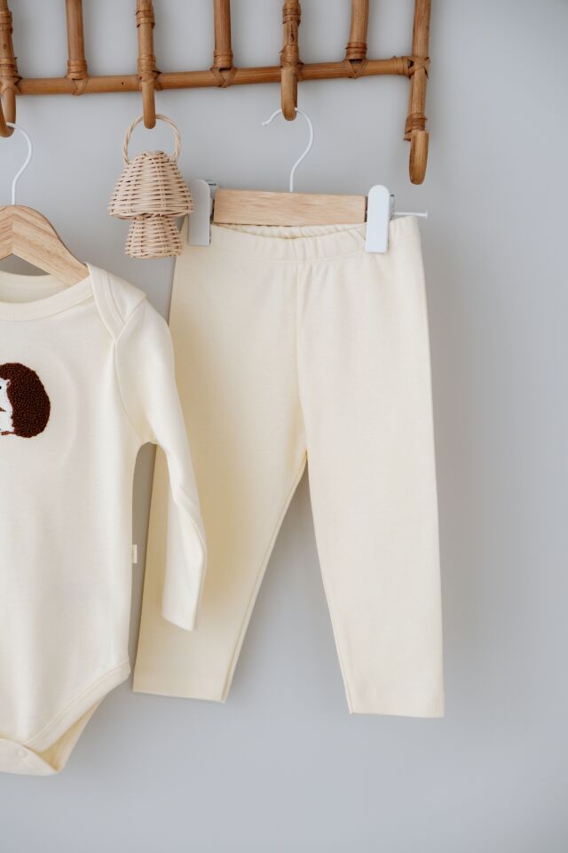 %100 Pamuklu Sevimli Kirpi Nakışlı Uzun Kollu Alt Üst Bebek Takımı